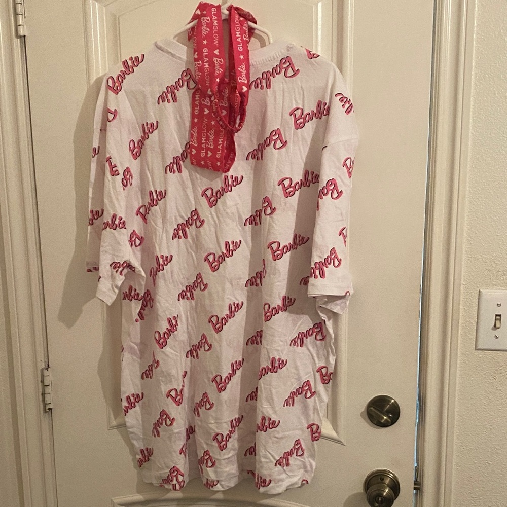 Asos plus size Barbie Pink Logo Patterned White T-Shirt and matching headband